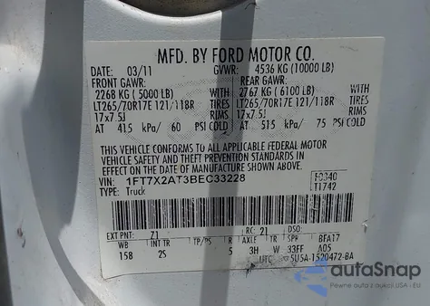 2011 Ford F-250 Xlt из США, поврежденный, VIN 1FT7X2AT3BEC33228